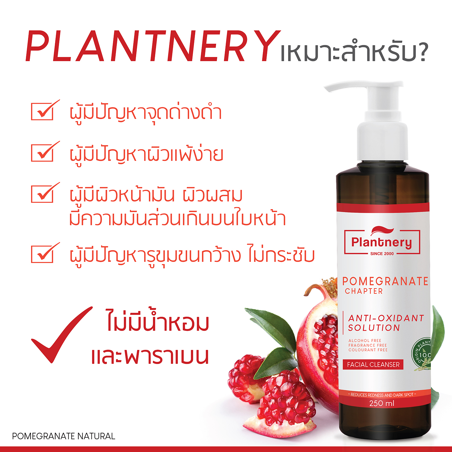 Plantnery Pomegranate Facial Cleanser 250ml แพลนท์เนอรี่ เจลล้างหน้า จากสารสกัดทับทิม ลดจุดด่างดำ